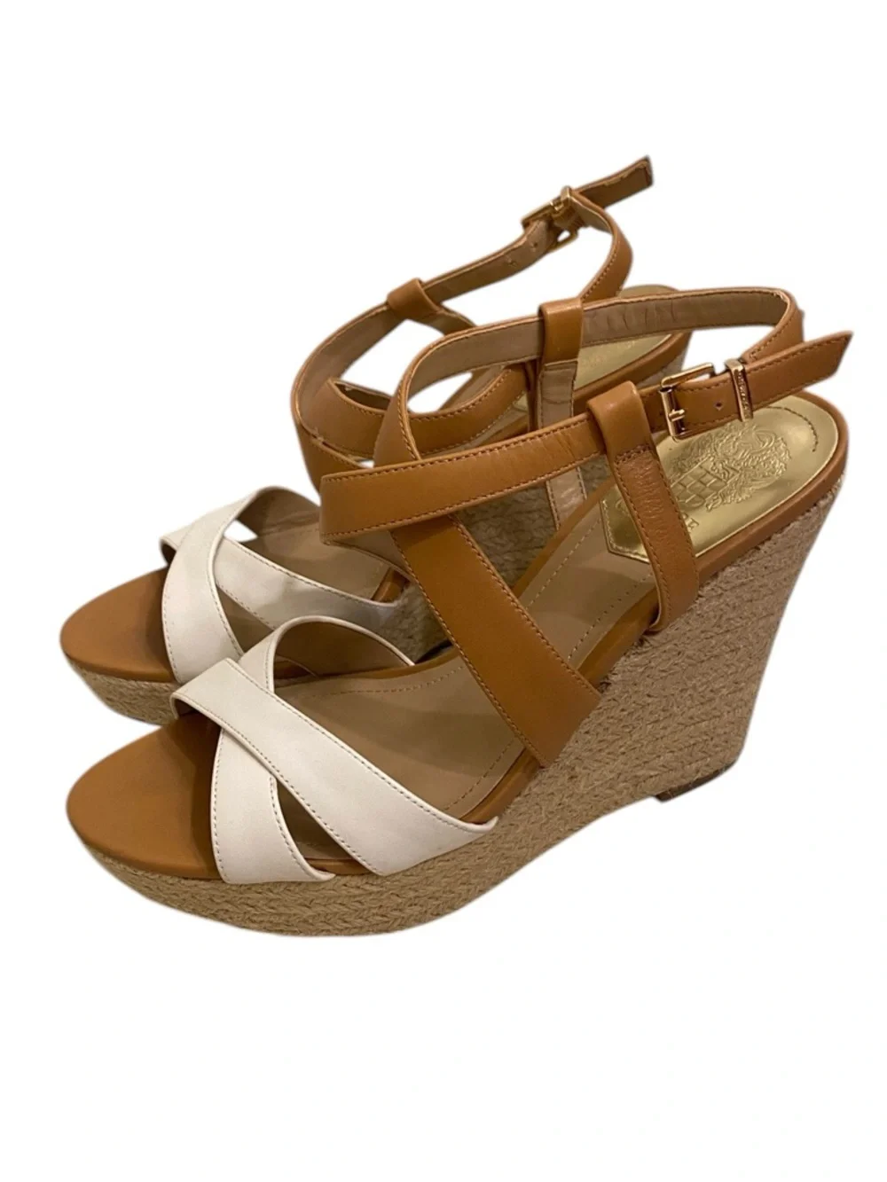 Vince Camuto Tan and White Espadrille Wedge Sandals